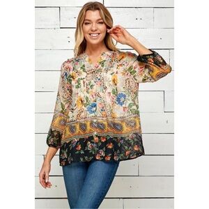 Fig & Flower | By Anthropologie 3/4 Border Print Sleeve Blouse Sz S